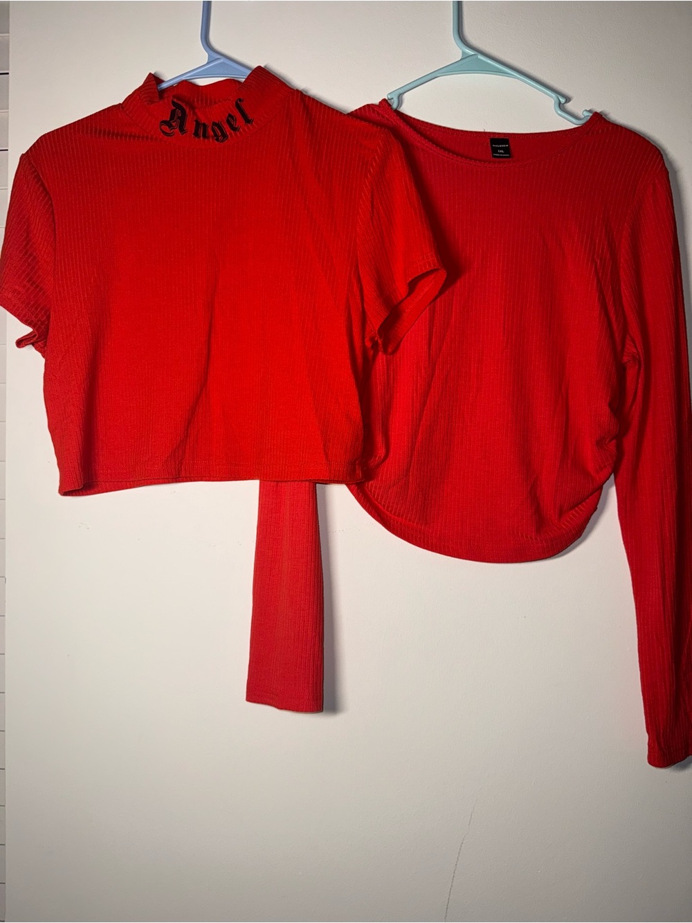 SHEIN Red Ribbed Cropped Top with 'Angel' Mock Neck